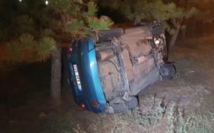 Yoldan çıkan otomobil takla atarak ağaçlara takıldı