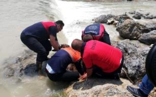 Eşeği itfaiyeciler kurtardı...